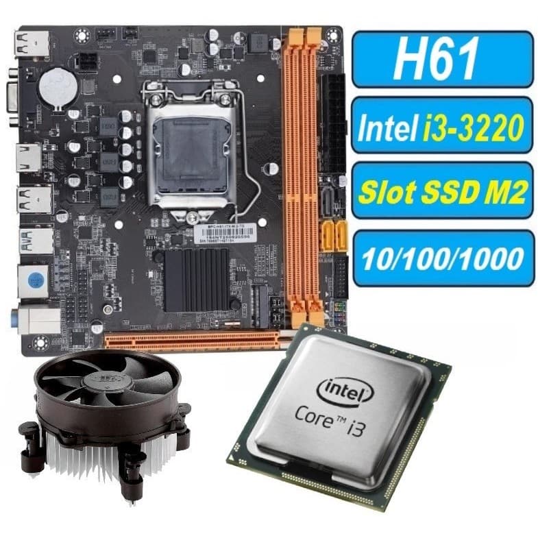Kit UPGrade Processador Intel i3-3220 + Cooler gamer Placa Mãe H61 Slot SSD M2 lga 1155 atx