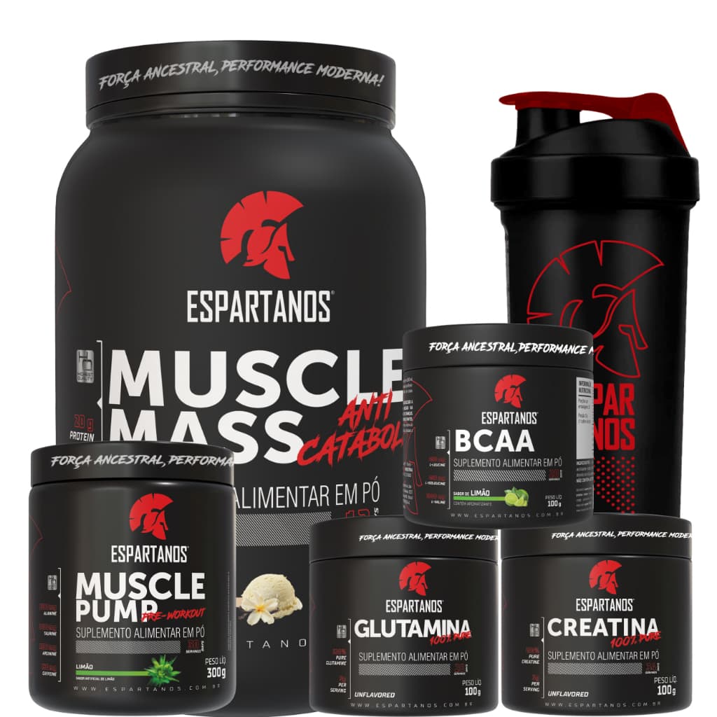 Kit Muscle Mass 1,8kg + BCAA + Creatina + Glutamina + Pré Treino Limão + Coqueteleira - Espartanos