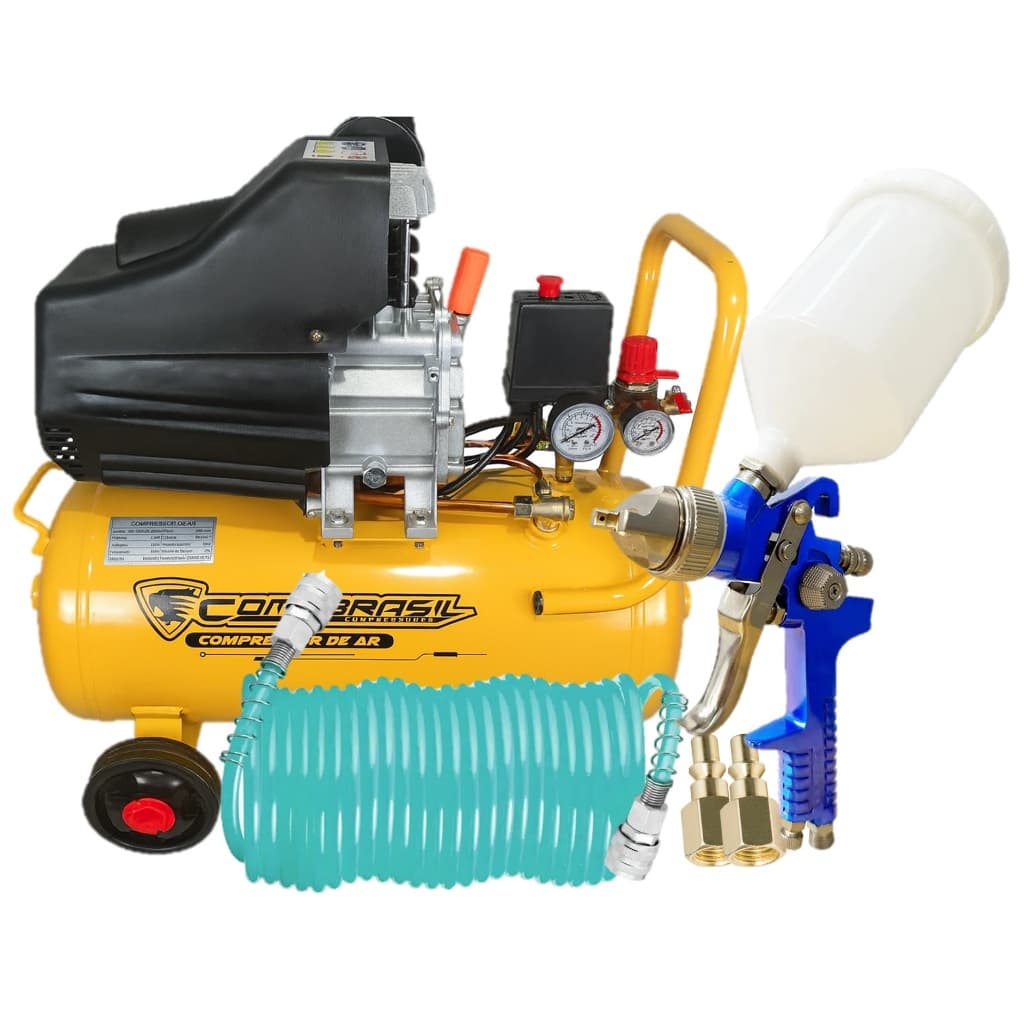 KIT Compressor 25Lts 2HP P. Pintura Mangueira Engate Ráp. Completo 127V