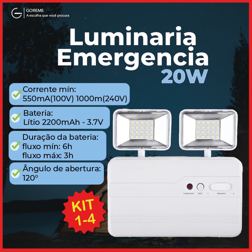 Luminária de Emergência LED PRO 20W com 2 Farol 40 LEDS Luz Branco Frio
