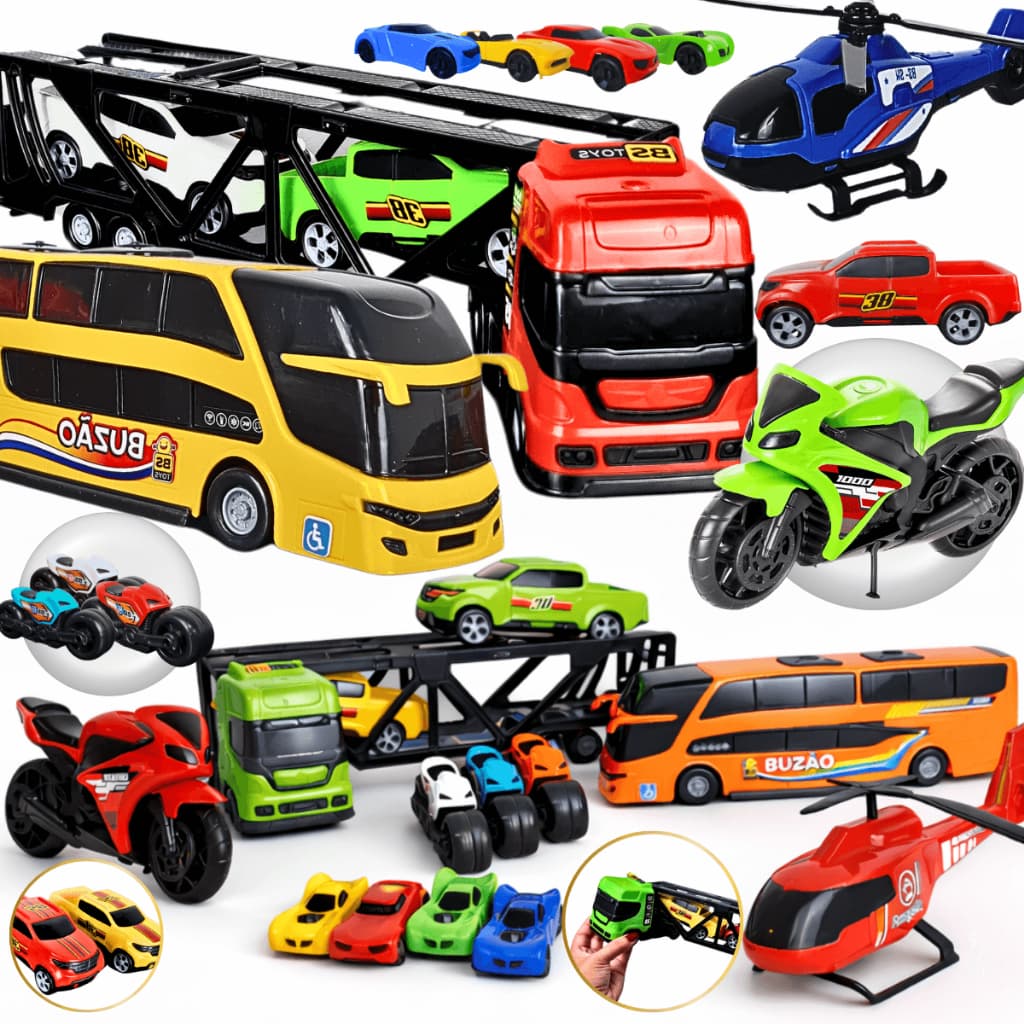 Kit Carrinhos Caminhão Cegonha Ônibus Motos Completo Presente Brinquedo Menino Miniatura Infantil