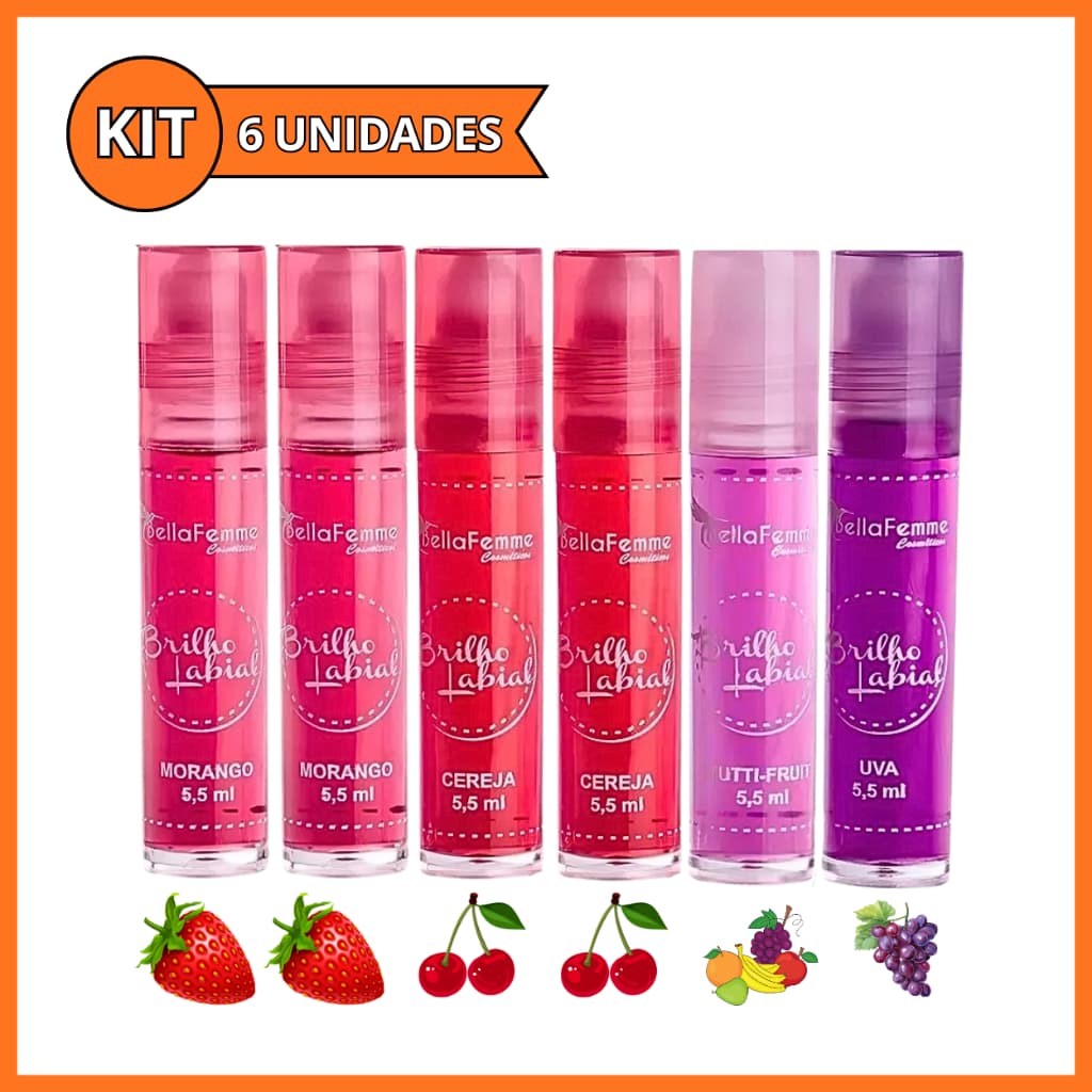 Kit 6 Gloss Brilho Labial Frutas Roll on Hidratante Lembrancinha Bella Femme