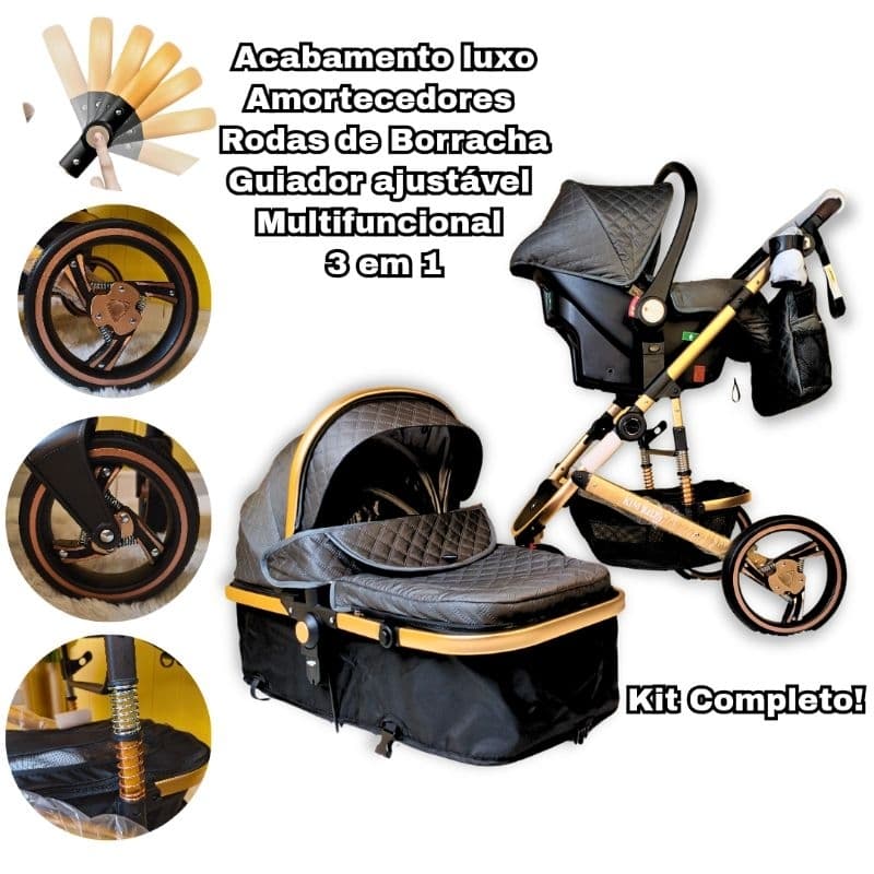 Kit carrinho de bebê Europeu + bebê conforto acoplável, amortecedores, rodas borracha luxo, até 35kg