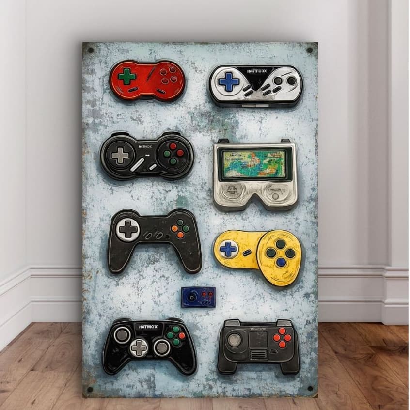 Quadro Decorativo Controles De Videogame Retrô MDF 110x70 Arte Gamer Moderna Parede