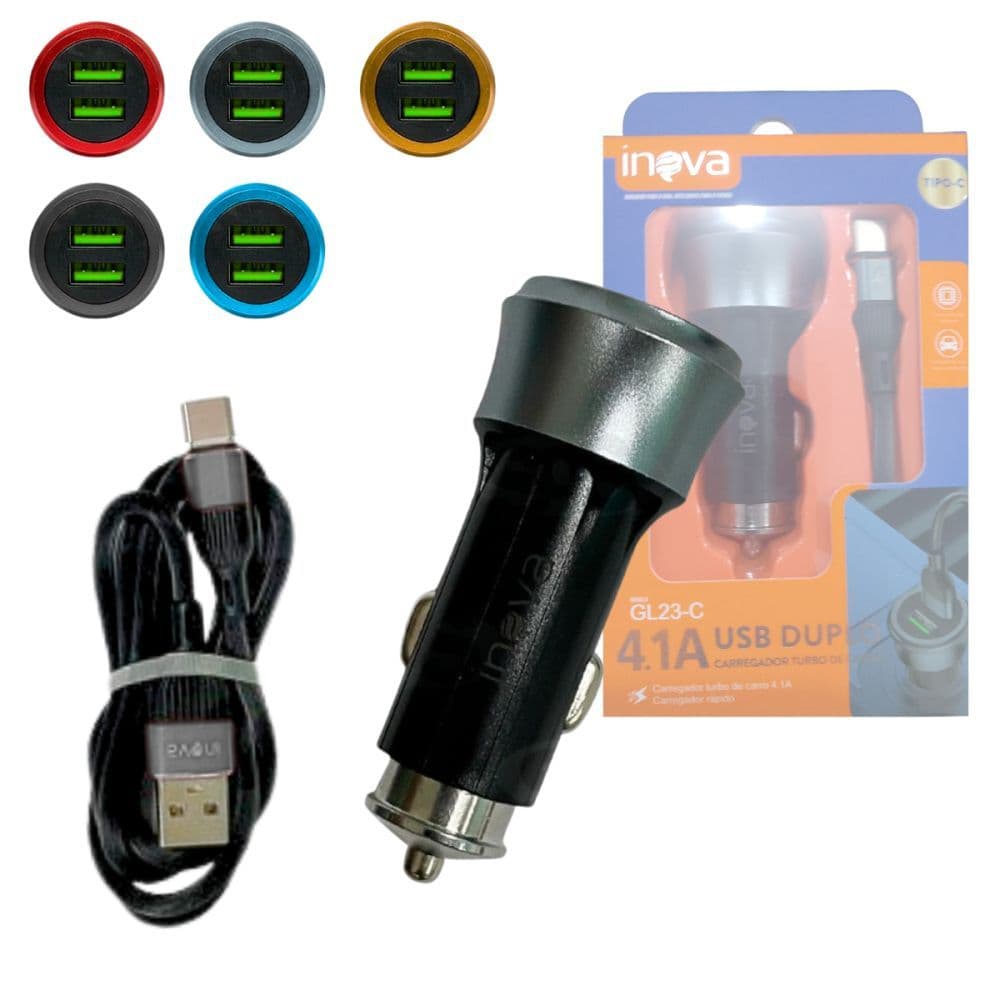Carregador Veicular TURBO 02 portas USB Cabo TIPO-C INOVA