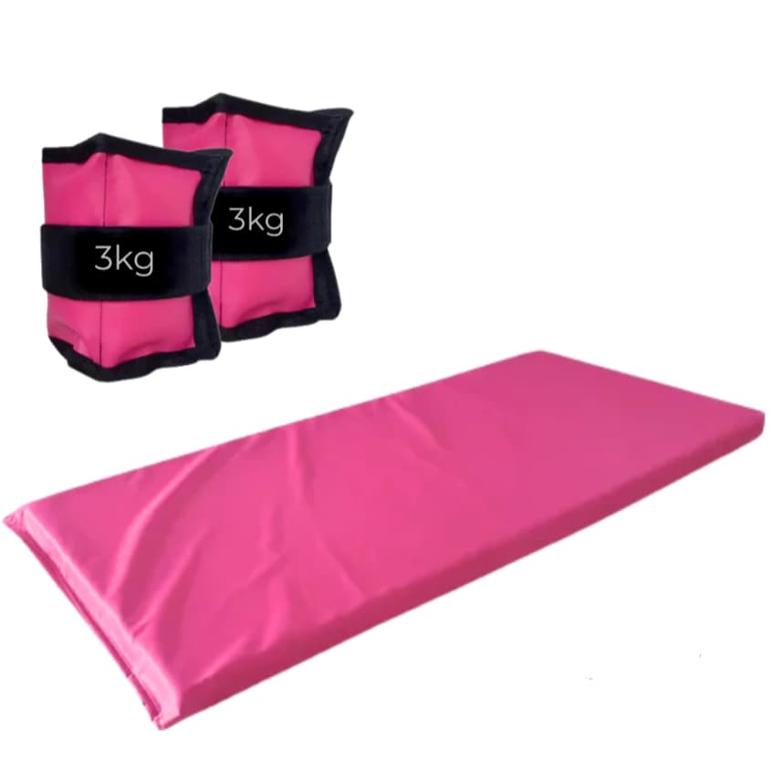 KIT Par Caneleira de Peso 3KG + Colchonete Rosa Treino/Musculação/Fisioterapia
