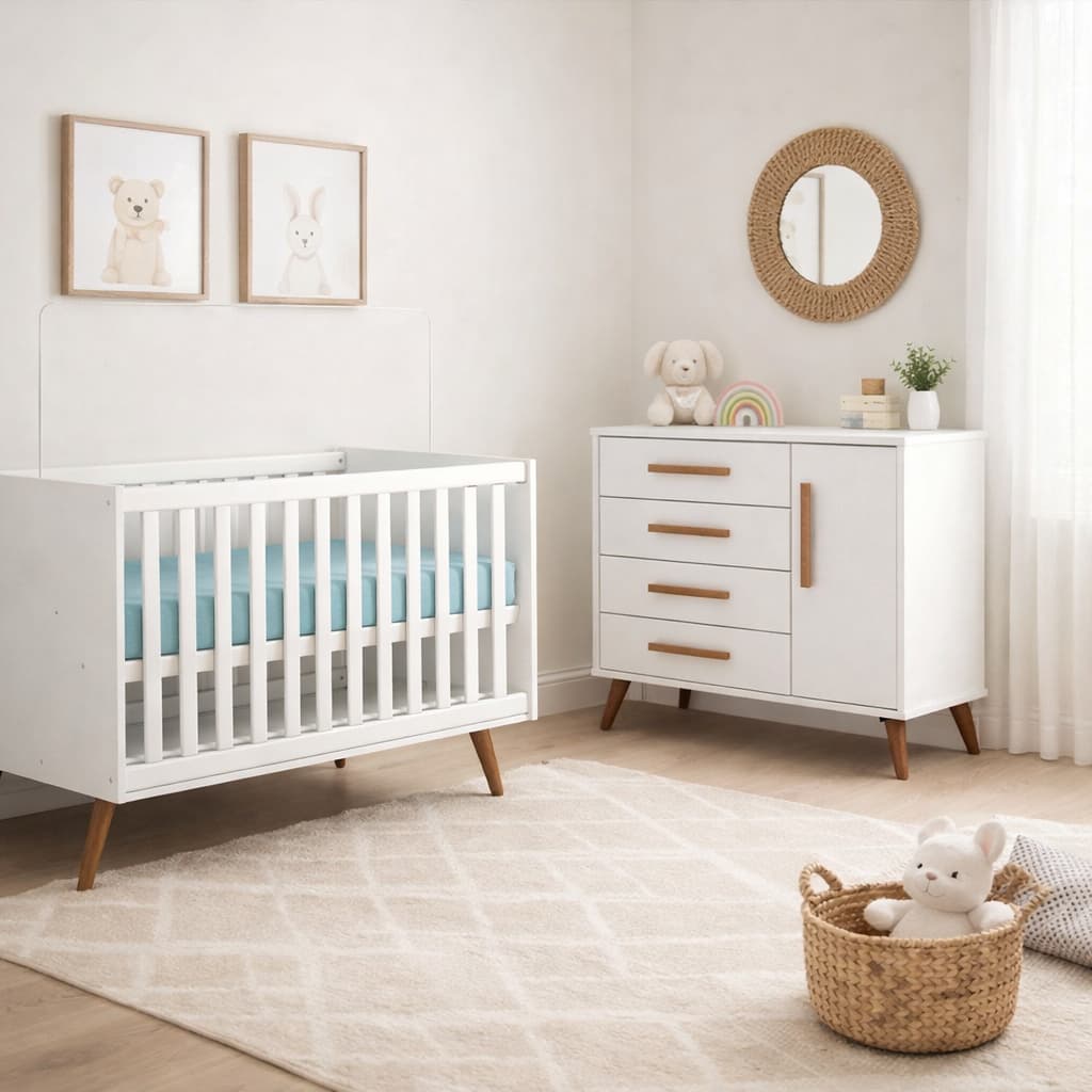 Berço de Bebê que Vira Cama e Cômoda de Bebê Sapateira 1 Porta 4 Gavetas Q Encanto Retrô Qmovi