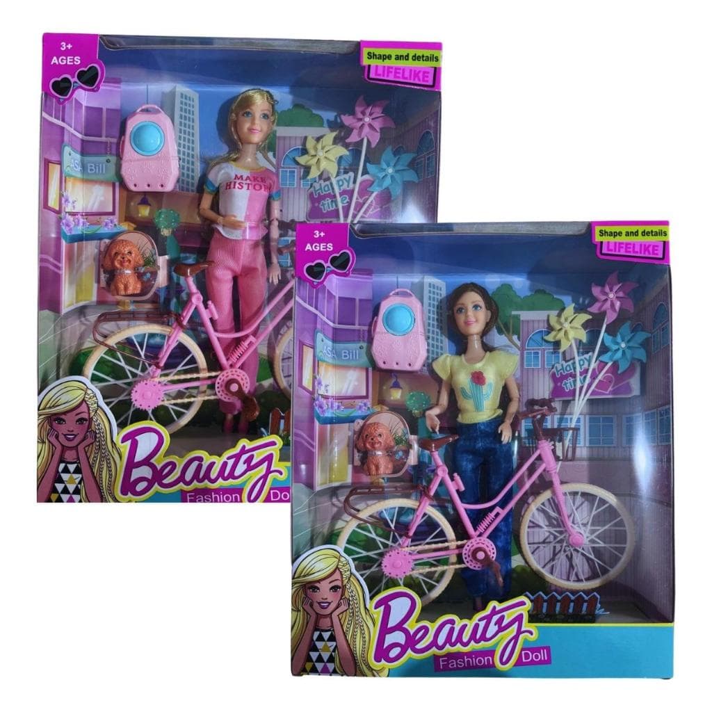 Boneca Articulada com Bicicleta e Acessórios + Cachorrinho +Mochila Brinquedo Infantil Menina