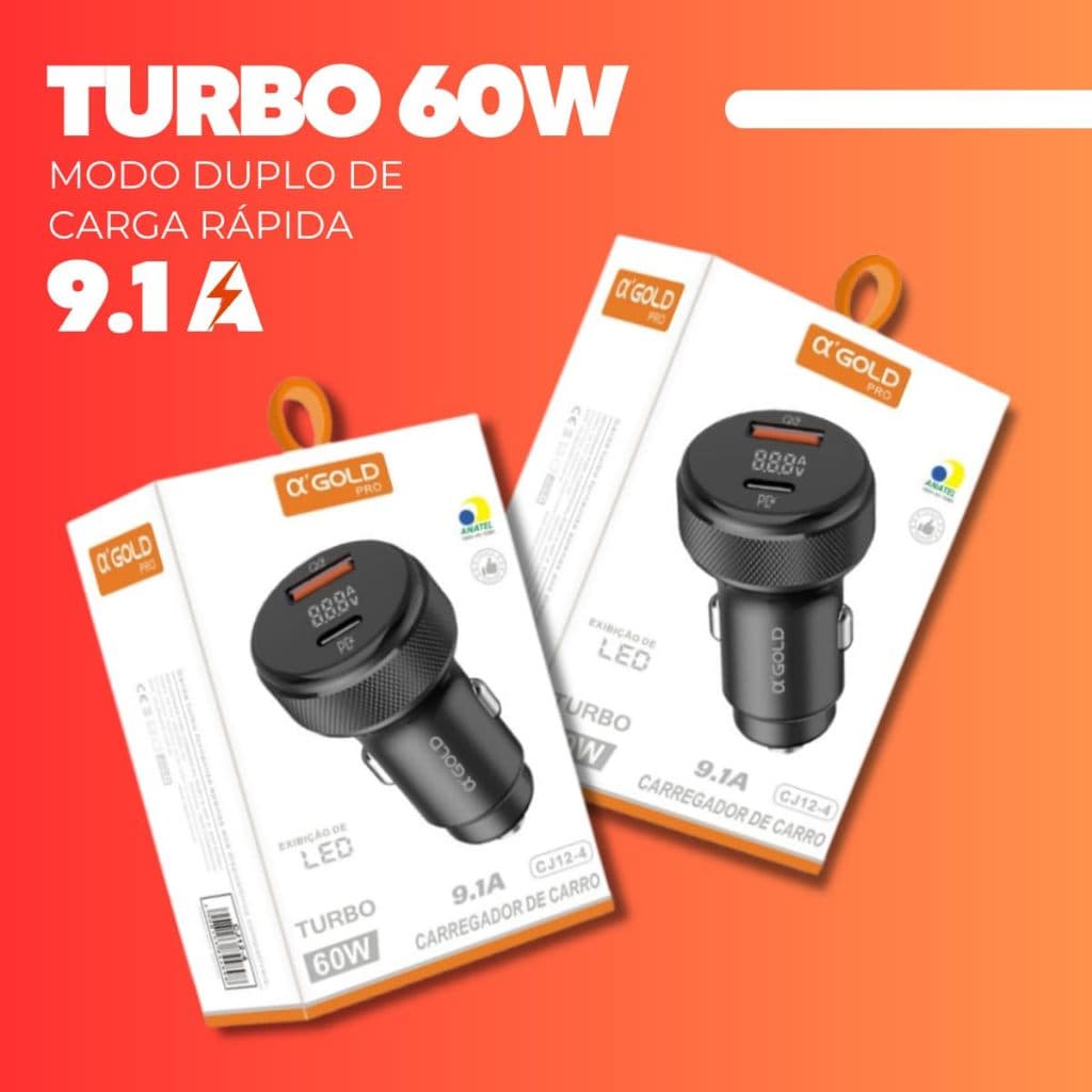 Carregador Veicular Turbo A’Gold CJ12-4 – Dual Port 9.1A com USB-C