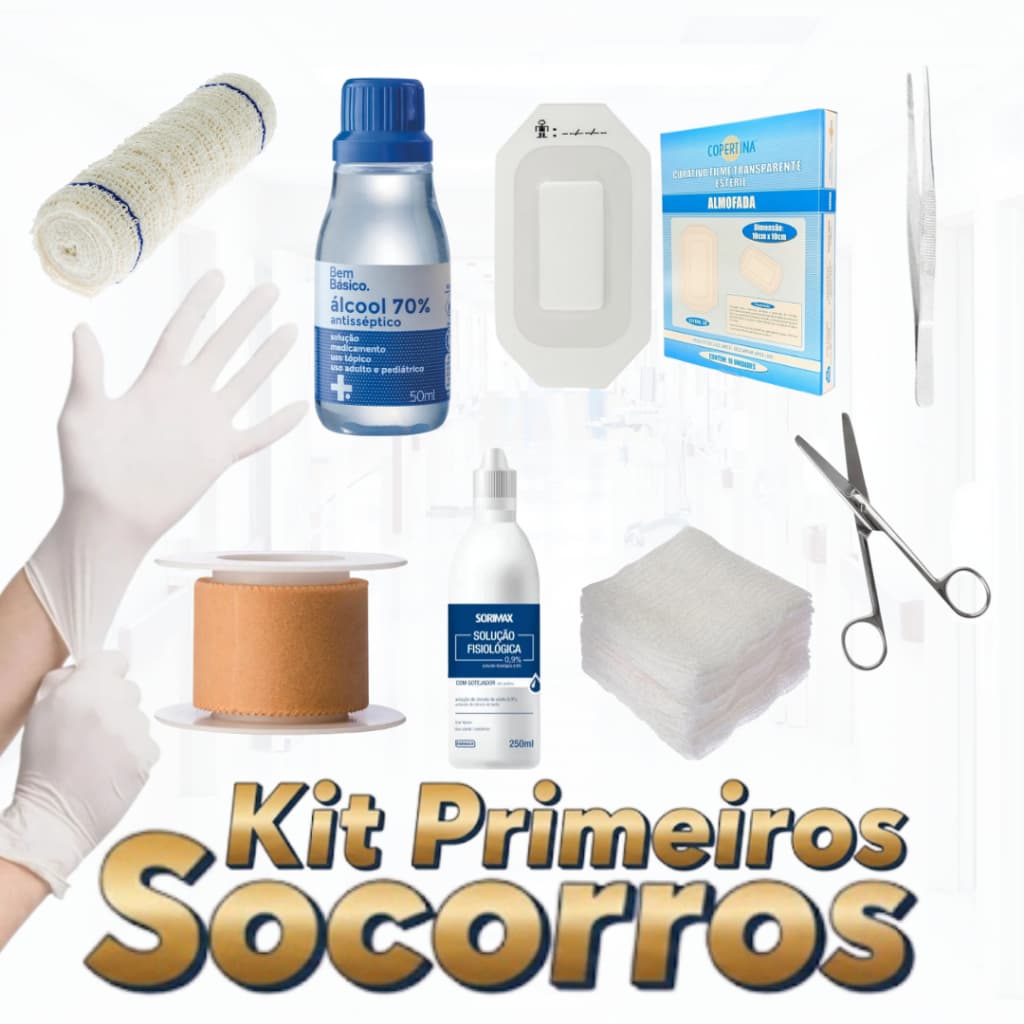 Kit Primeiros Socorros Completo C/ Soro, Álcool, Luvas e Curativos - Pronta Entrega