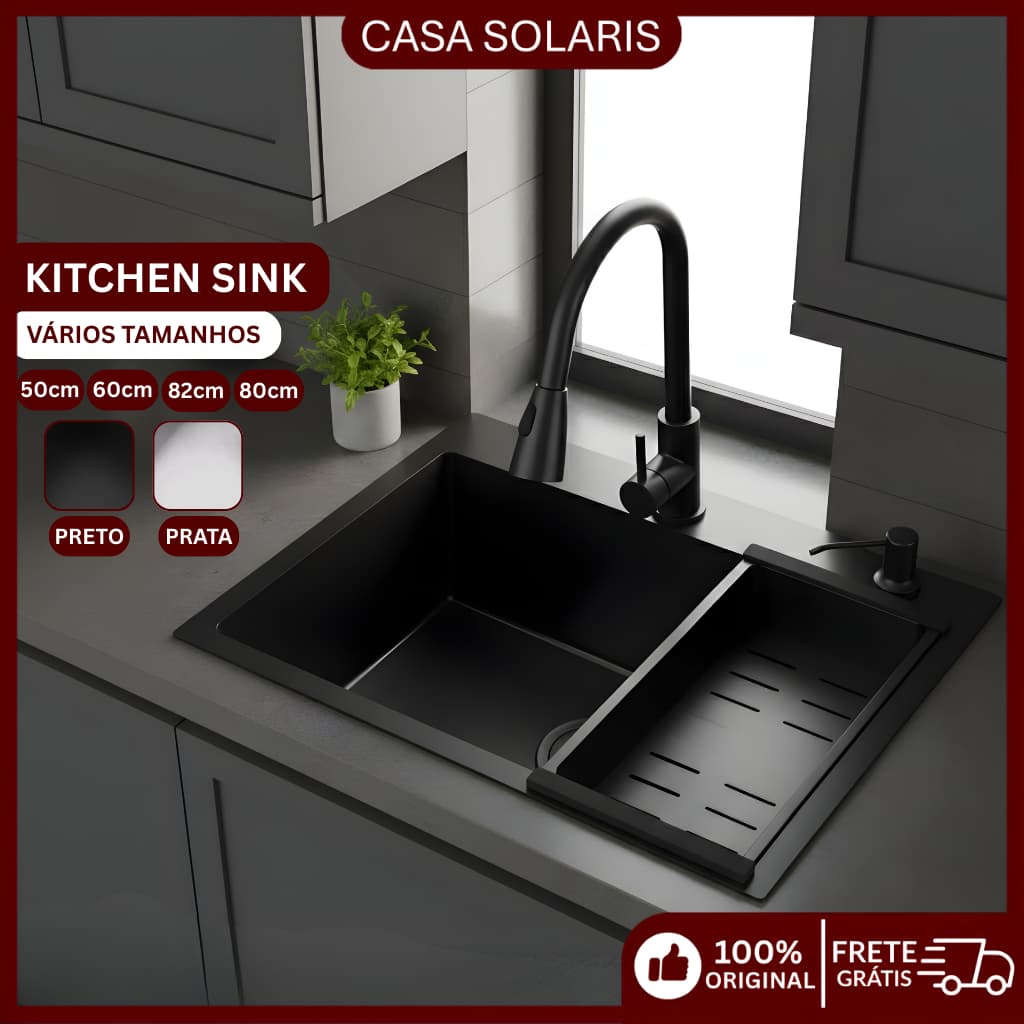Cuba de Cozinha Gourmet Aço Inox 304 com Cesto Escorredor Válvula e Sifão Kit Completo