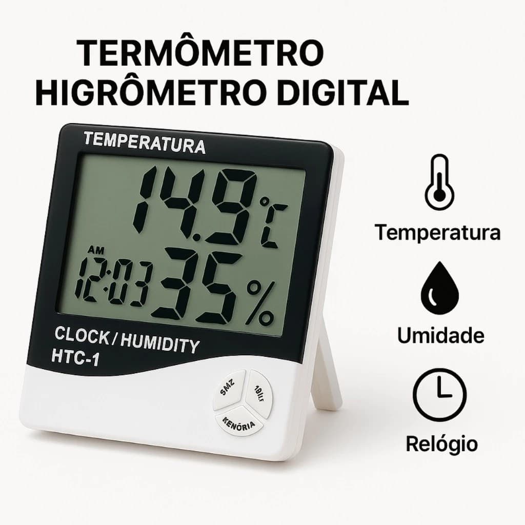 Termômetro Higrômetro Digital HTC-1 com Relógio – Temperatura e Umidade Ambiente
