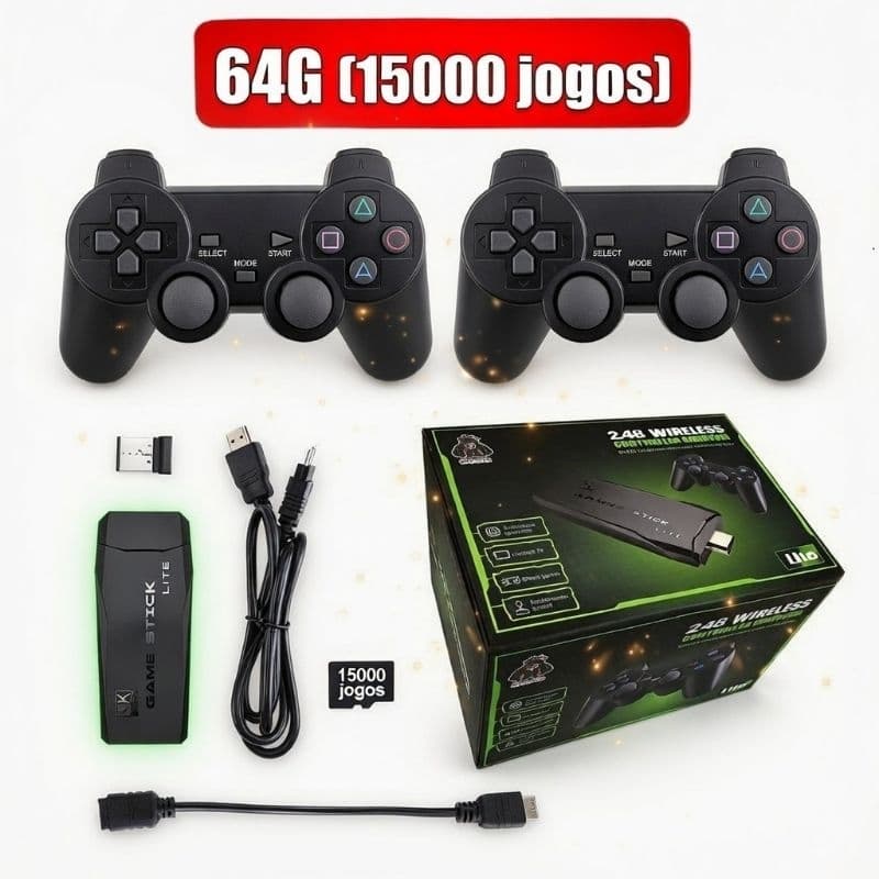 Vídeo Game Stick 4K com 15.000 Jogos Retrô Console Portátil HDMI 2 Controles Sem Fio 2.4G  64GB