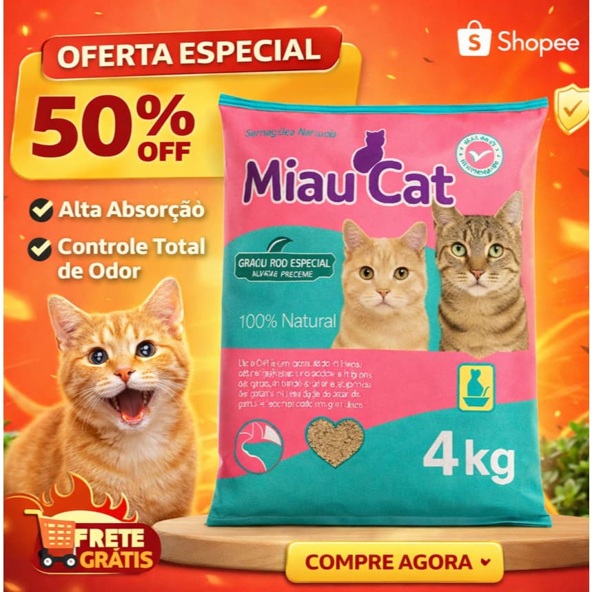 Areia Sanitária para Gatos 20KG MiauCat Forma Torrões Biodegradavel Grãos Premium Higiênica
