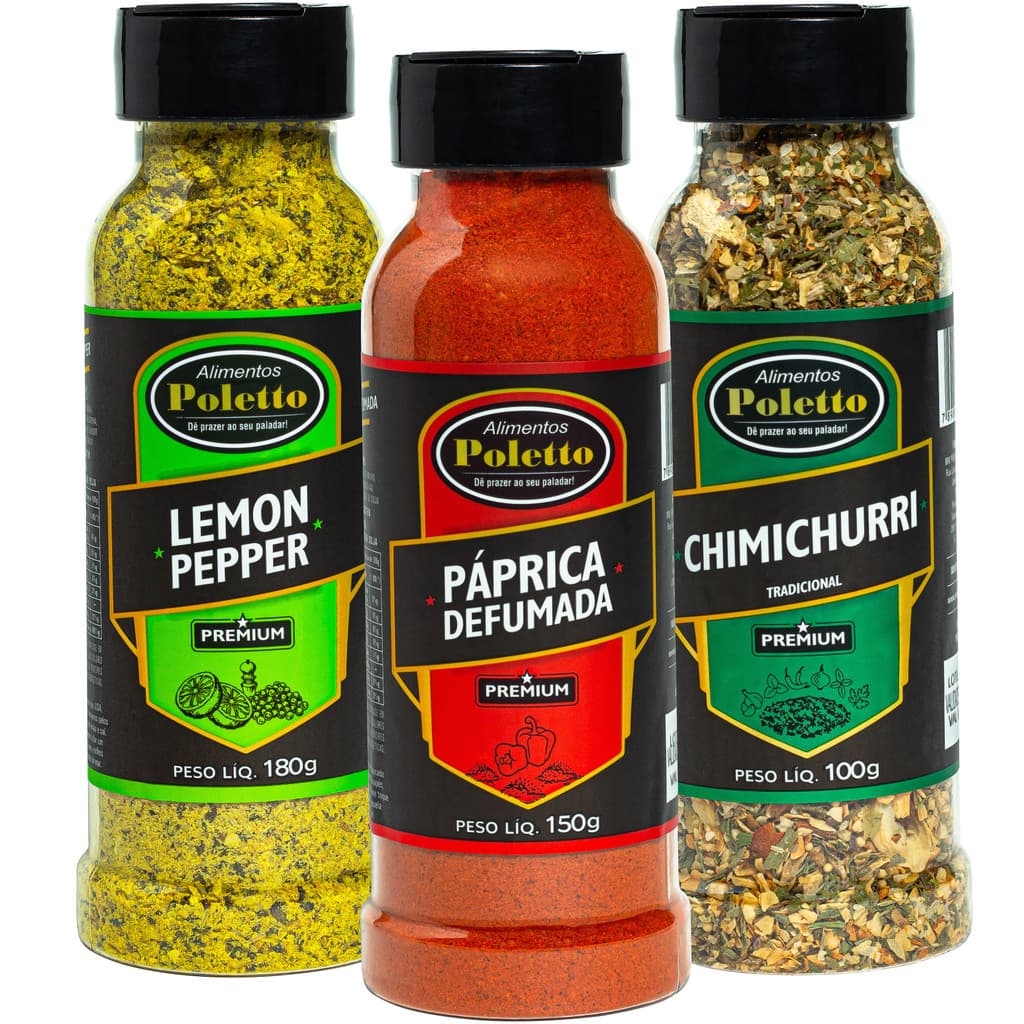 KIT 3 TEMPEROS ESPECIAIS POLETTO LEMON PEPPER CHIMICHURRI E PAPRÍCA DEFUMADA