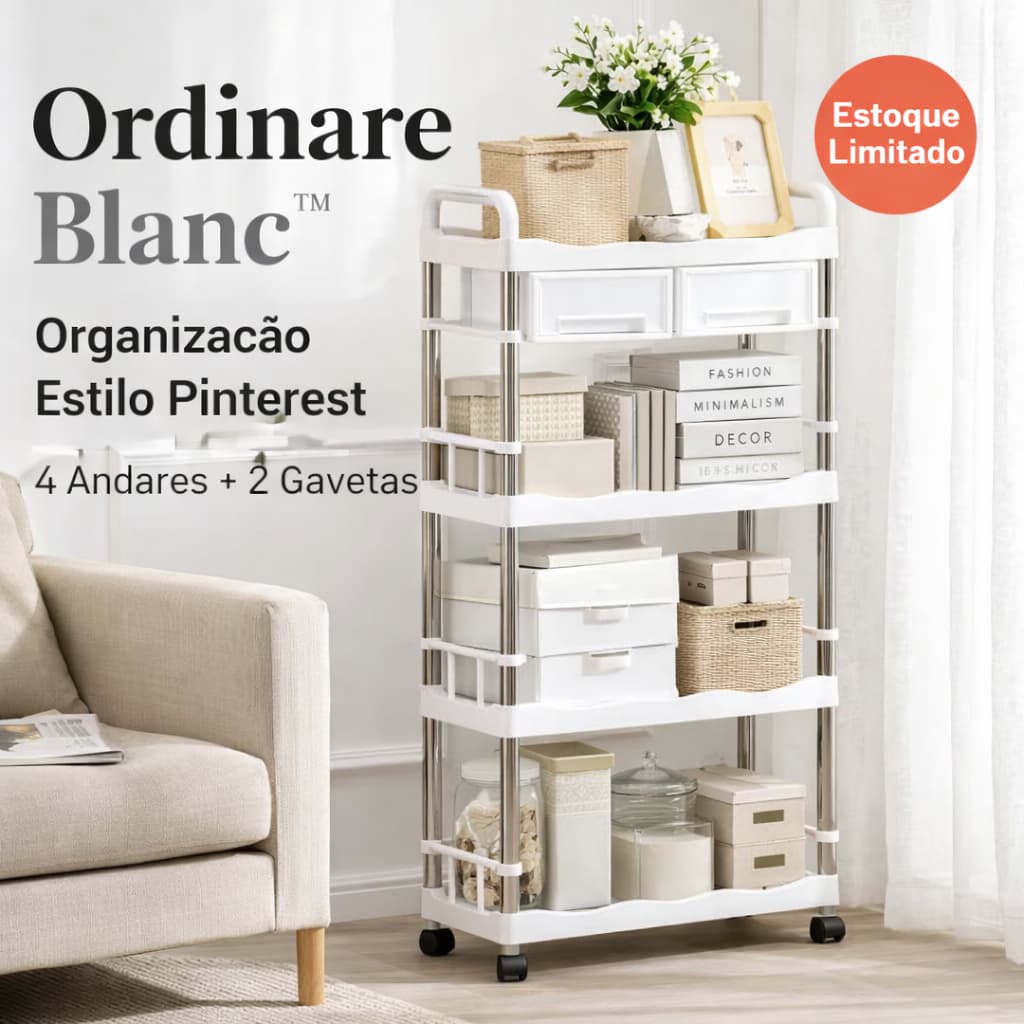 Prateleira Organizadora 4 Andares com 2 Gavetas Branca Multiuso para Cozinha Quarto Escritório