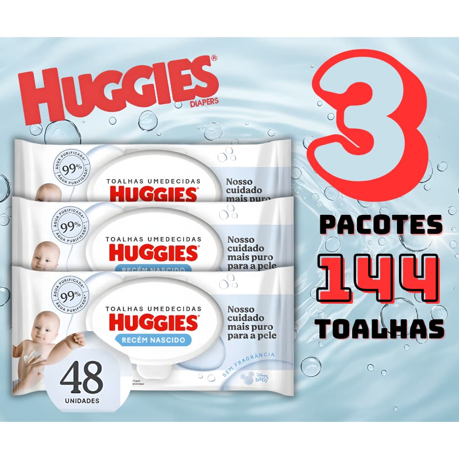 Kit c/3 Lenços Umedecidos Huggies Recém-Nascido Sem Fragrância – 48 unidades cada - Envio Imediato