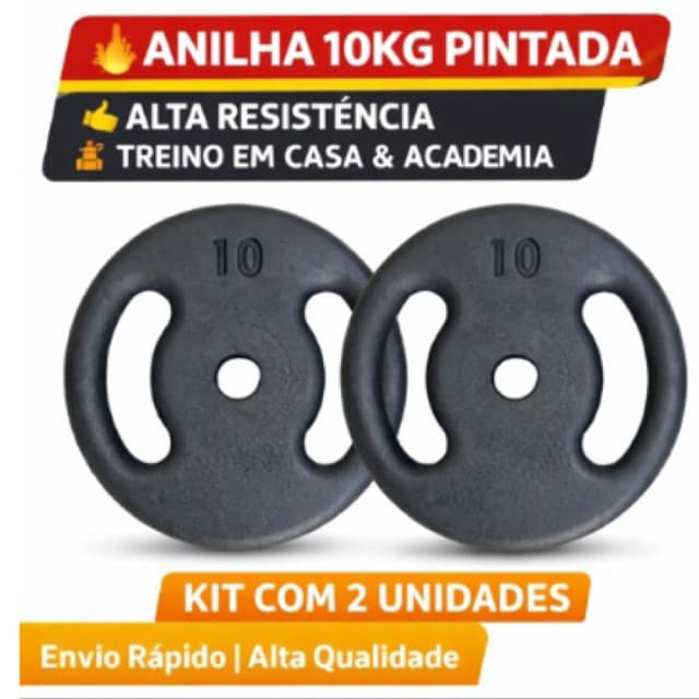 kit 2 anilha 10 kg pintada, resistente e com pegada lateral para treinos de musculação, academia e treino em casa.