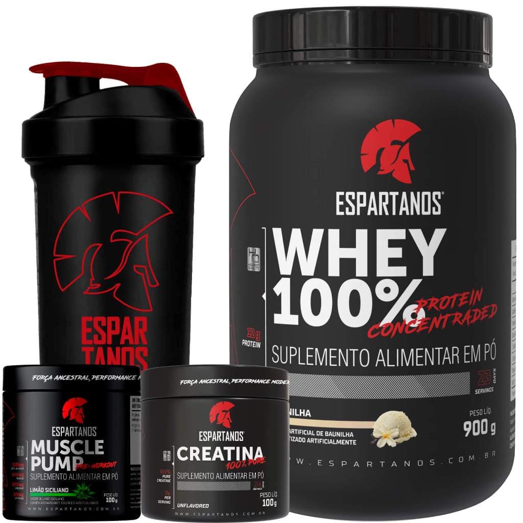 Whey Protein 100% + Creatina + Pré Treino + Shaker - ESPARTANOS