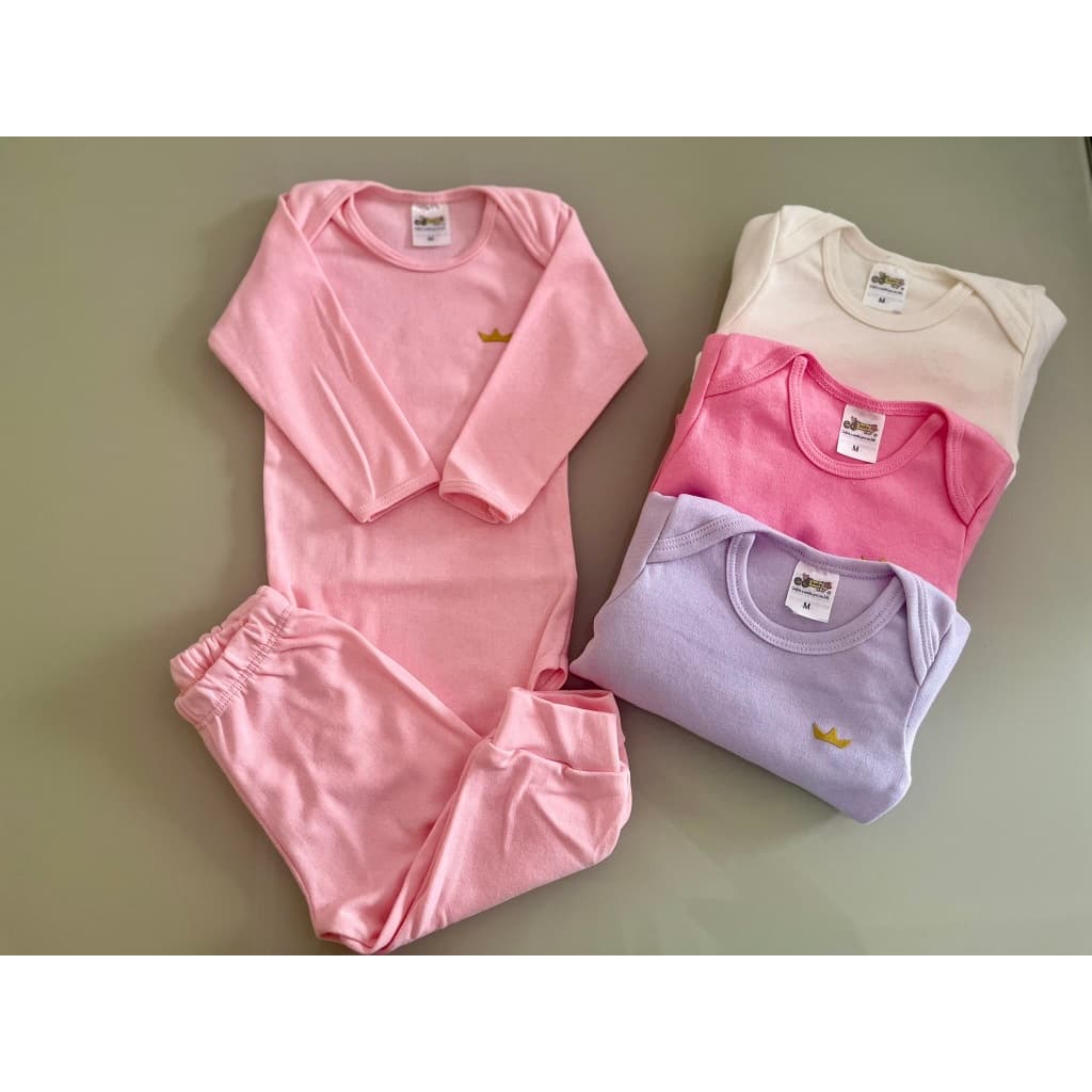 Kit 2 Peças Bebê 100% Algodão Suedine – 1 Body Manga Longa + 1 Mijão Liso RN P M G Enxoval de Bebê Macio Confortável