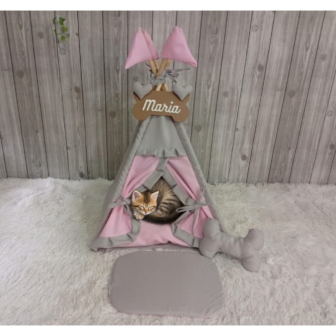 Cama pet Cabana Personalizada Para Cachorros E Gatos Rosa E Cinza Tapete Decorativo Desmontavél