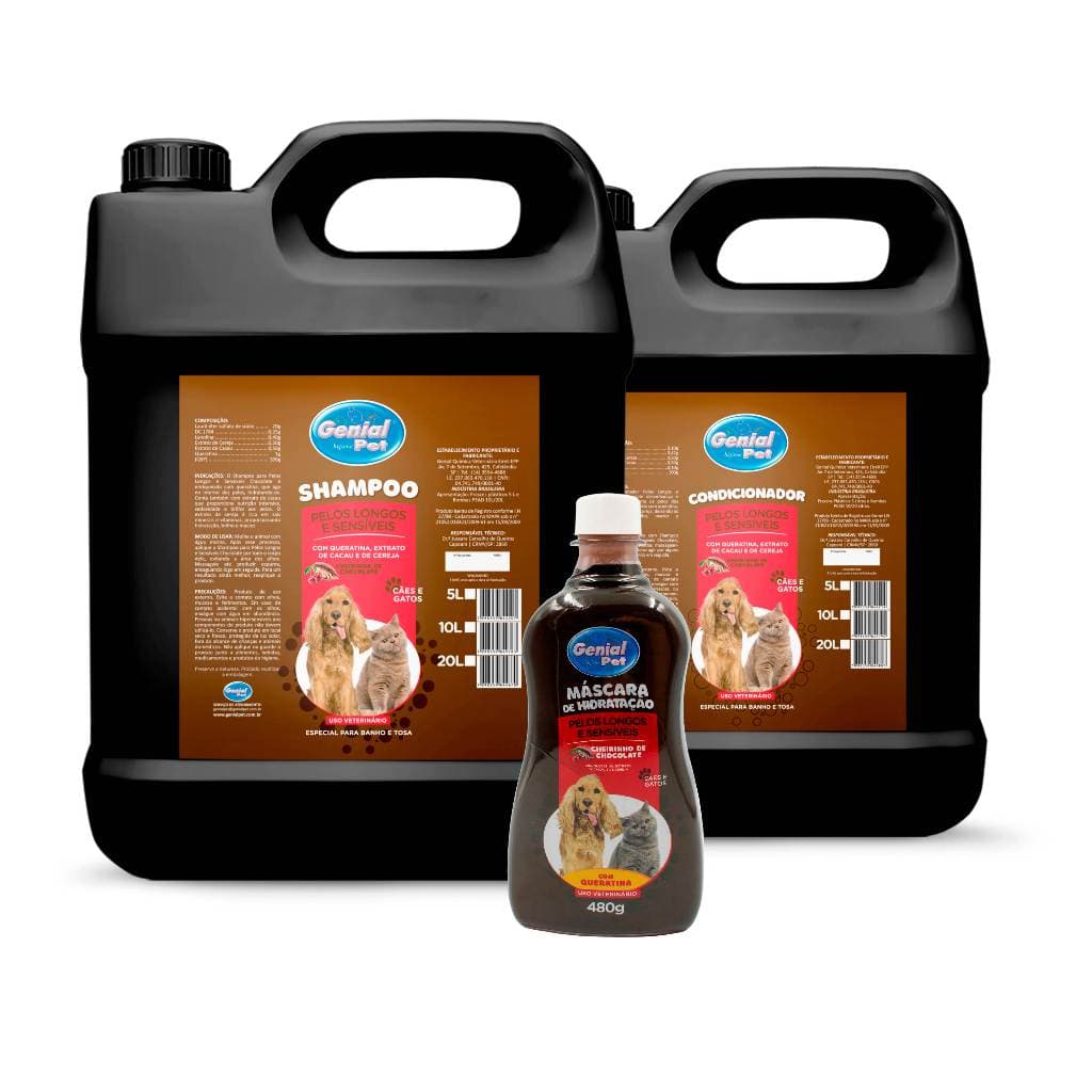 Linha Chocolate 5L Shampoo, Condicionador e Máscara de Hidratação 500ml para Cães e Gatos