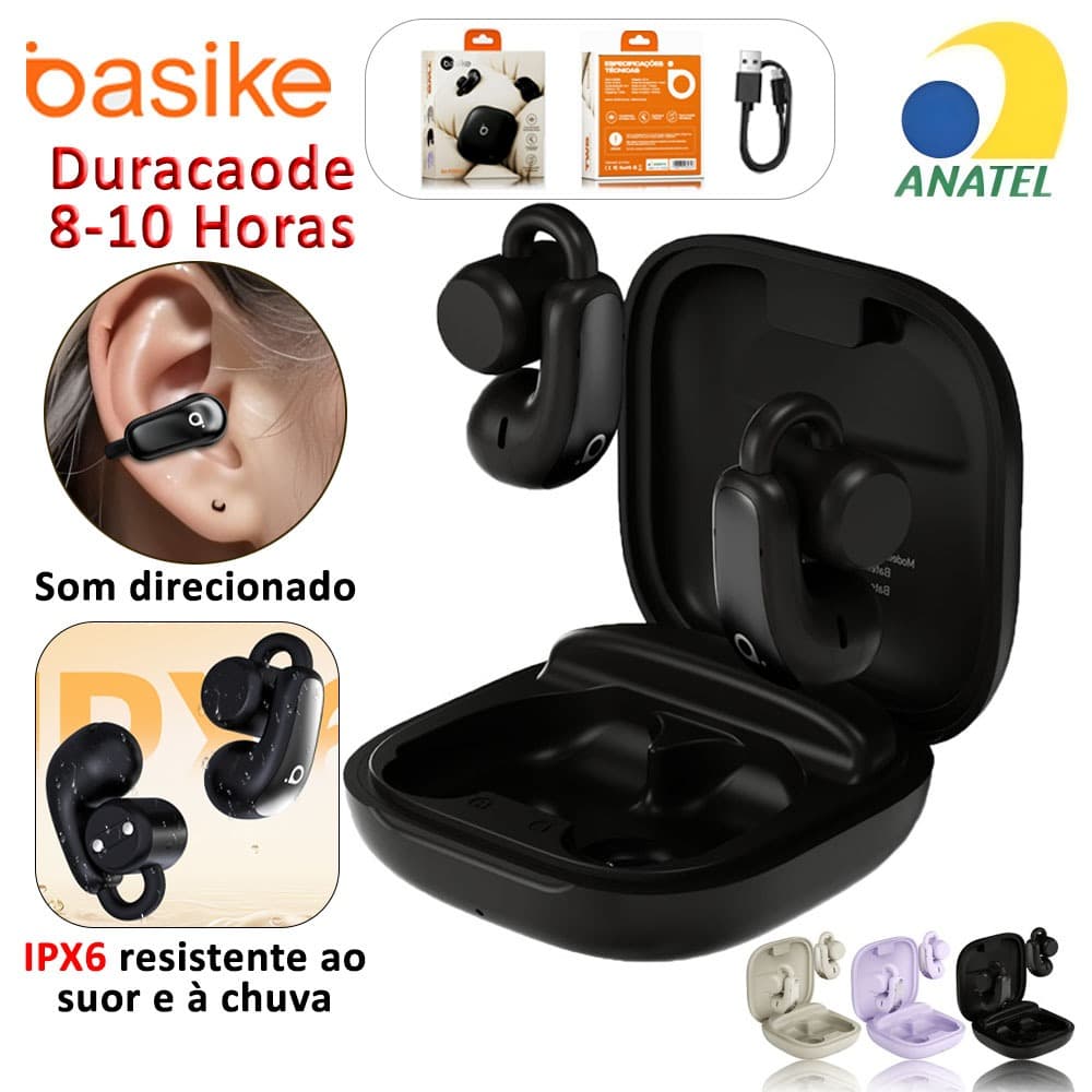 Basike Fone De Ouvido Bluetooth IPX6 Duracaode 8-10H Som Direcionado ENC Com Duplo Microfonepara