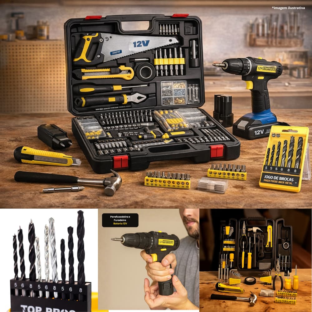 ⭐Kit Parafusadeira 12V + Jogo Ferramentas 200 Peças + Brocas 9 Pçs🔧Completo Profissional IMPERDIVEL🎯