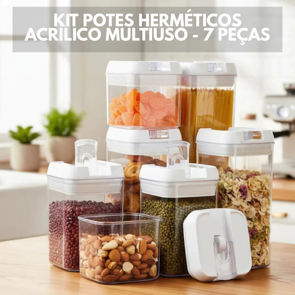 Kit Jogo 07 Potes Herméticos Acrílicos Multiusos Organizadores 1900mL Vedação Potes Organizadores
