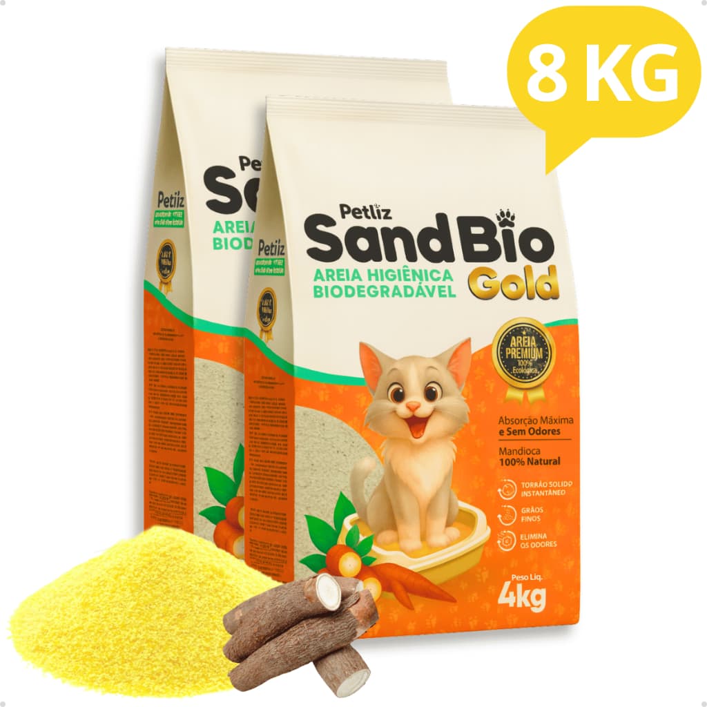 Kit 2 Areia Sanitária Higiénica Gatos Biodegradável Mandioca Sandbio Gold Grãos Finos Petliz 8 kg
