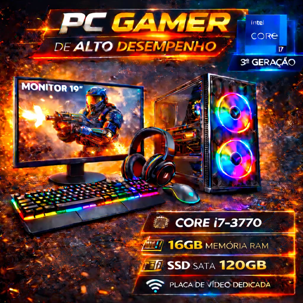 PC Gamer Completo i7 3770 - 16GB RAM - SSD 120GB - Placa de Vídeo 4GB - Monitor 19"