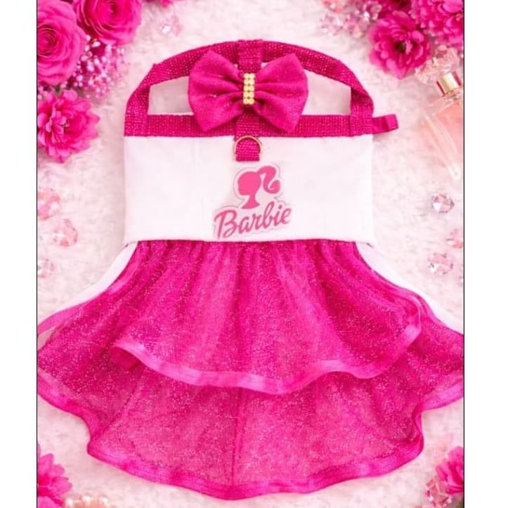 coleira peitoral vestido Barbie com guia pet cachorro gato