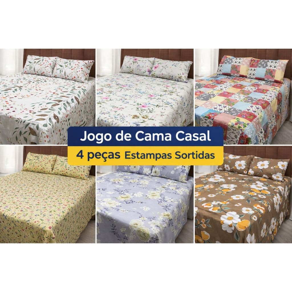 Kit Jogo De Lençol Cama Casal Padrão 4 Peças Estampado Microfibra