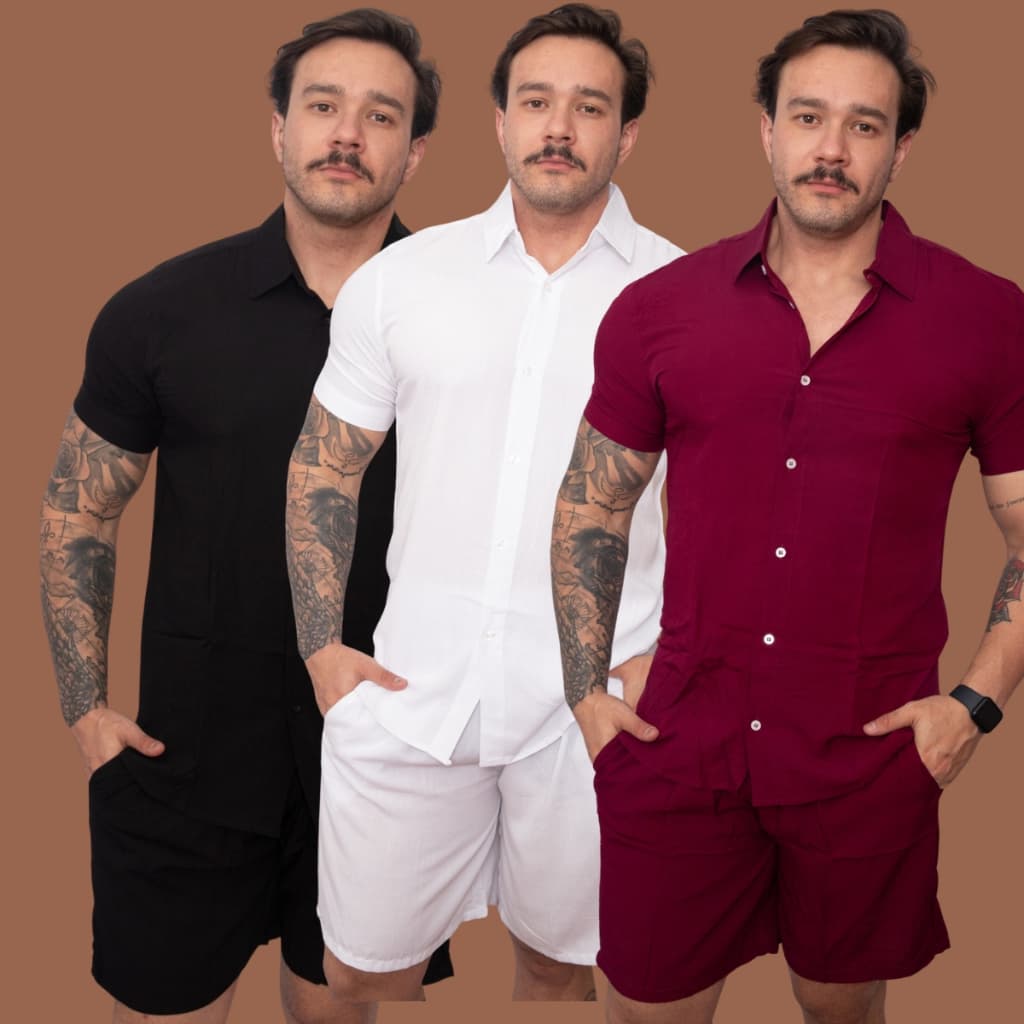 Conjunto liso masculino Camisa Social slim fit Manga curta férias na praia viscolinho