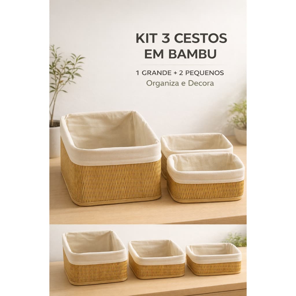 Kit 3 Organizadores Bambu Cestos Decoracao Cozinha Banheiro Sustentavel organização organizador