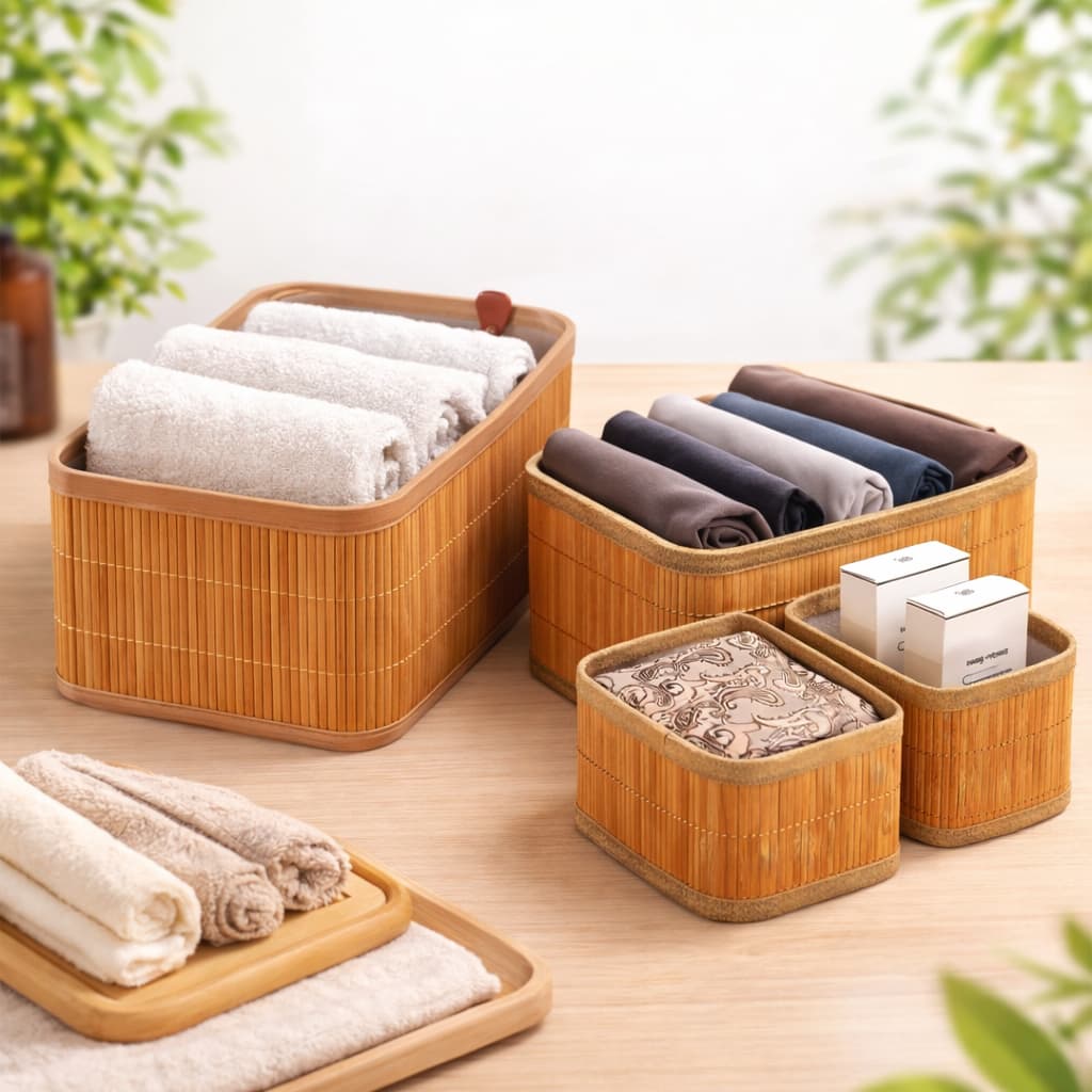 Kit 3 Cestos Organizadores em Bambu Natural Multius, Caixa Organizadora para Closet, Banheiro,Quarto