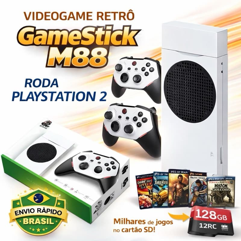 Videogame Retrô GameStick M88 PS2 + 2 Controles Sem Fio + 128GB Milhares Jogos