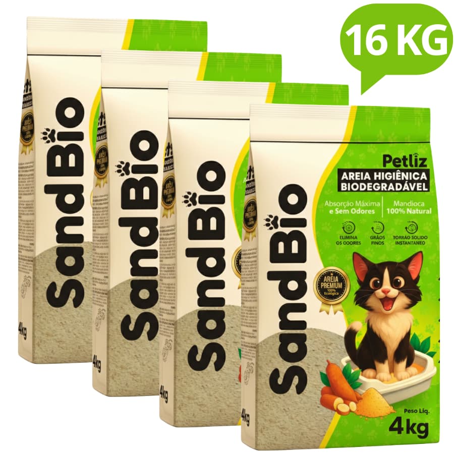 Kit 4 Areias Sanitárias De Mandioca Granulado Para Gatos Biodegradável Wisecat SandBio 16KG