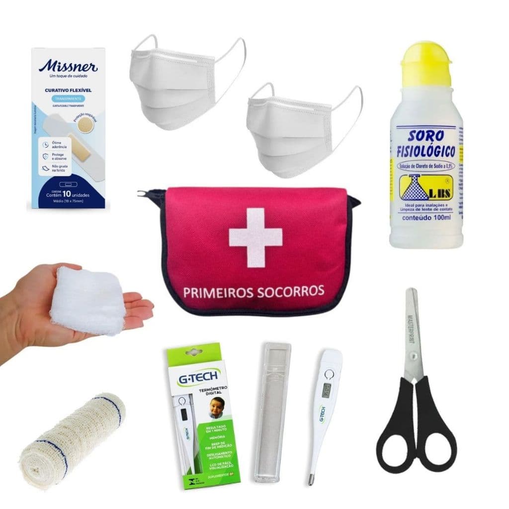 Kit Pequeno com Termômetro Primeiros Socorros Portátil Prático Viagem Carro Corrida Casa