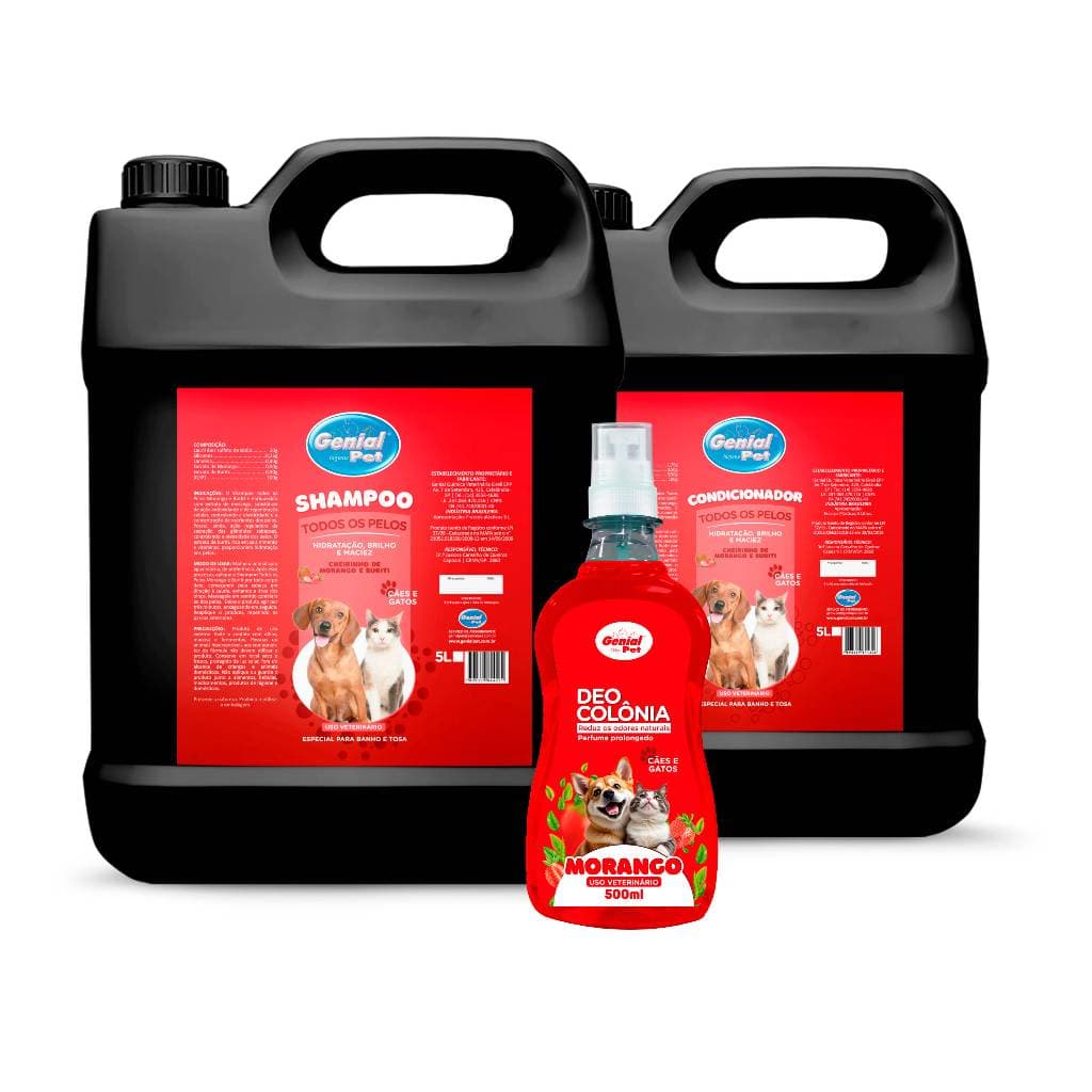 Linha Morango 5L Shampoo Neutro, Condicionador e Deo Colônia 500ml para Cães e Gatos