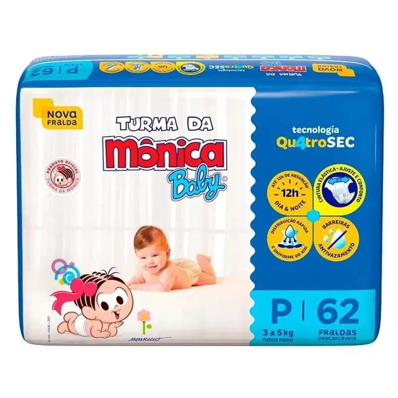 Fralda Descartável Turma da Mônica Baby Qu4troSec Tamanho P 62 Unidades