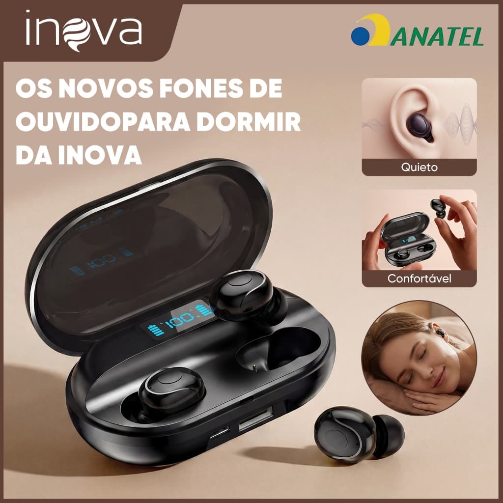 INOVA Fone Bluetooth Dormir 5.4 Cancelamento Ruído 43dB Conforto Lateral Estéreo HD Bateria 30h IPX5 Viagem Original