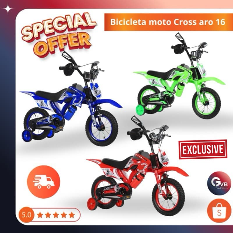 Bicicleta Infantil Moto Cross Aro 16 / 20 com Som de Moto + Paralama + Banco de moto + Garrafinha água.