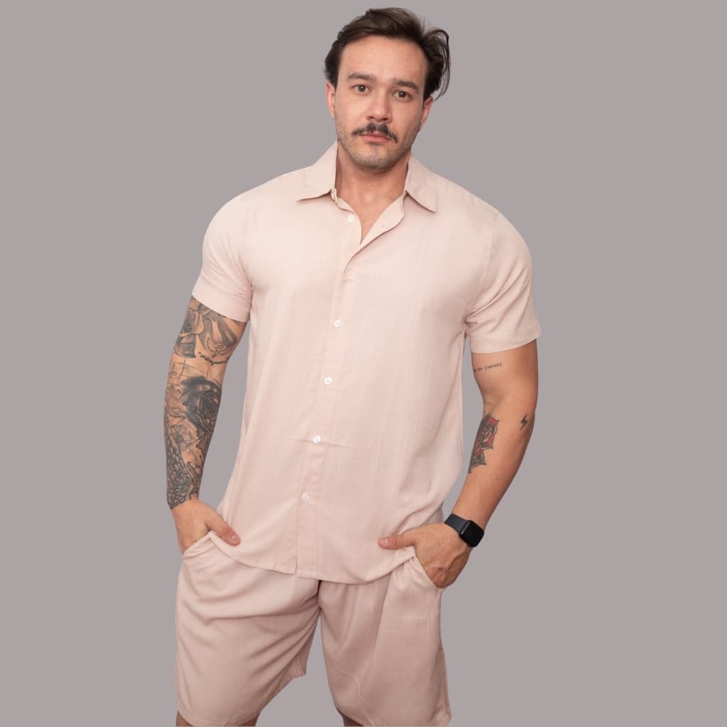 Conjunto Masculino Camisa Slim Social de Botão e Shorts Tactel Mauricinho