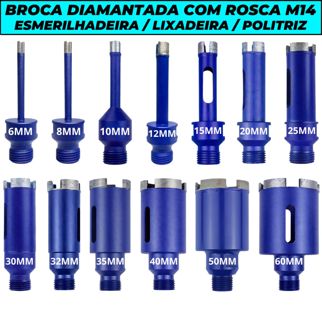 Broca Diamantada 10cm Altura Rosca M14 Esmerilhadeira Furar Mármore Porcelanato Granito Concreto