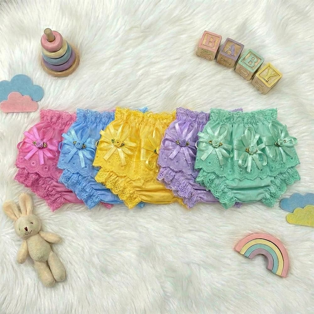 Kit 5 Calcinha Infantil Tapa Fralda Babados Cambraia e Cetim