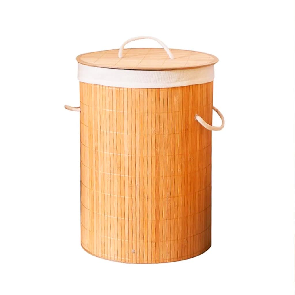 Cesto Organizador de Bambu Redondo 60L Forrado Com Tampa Roupas Sujas Banheiro Lavanderia Quarto
