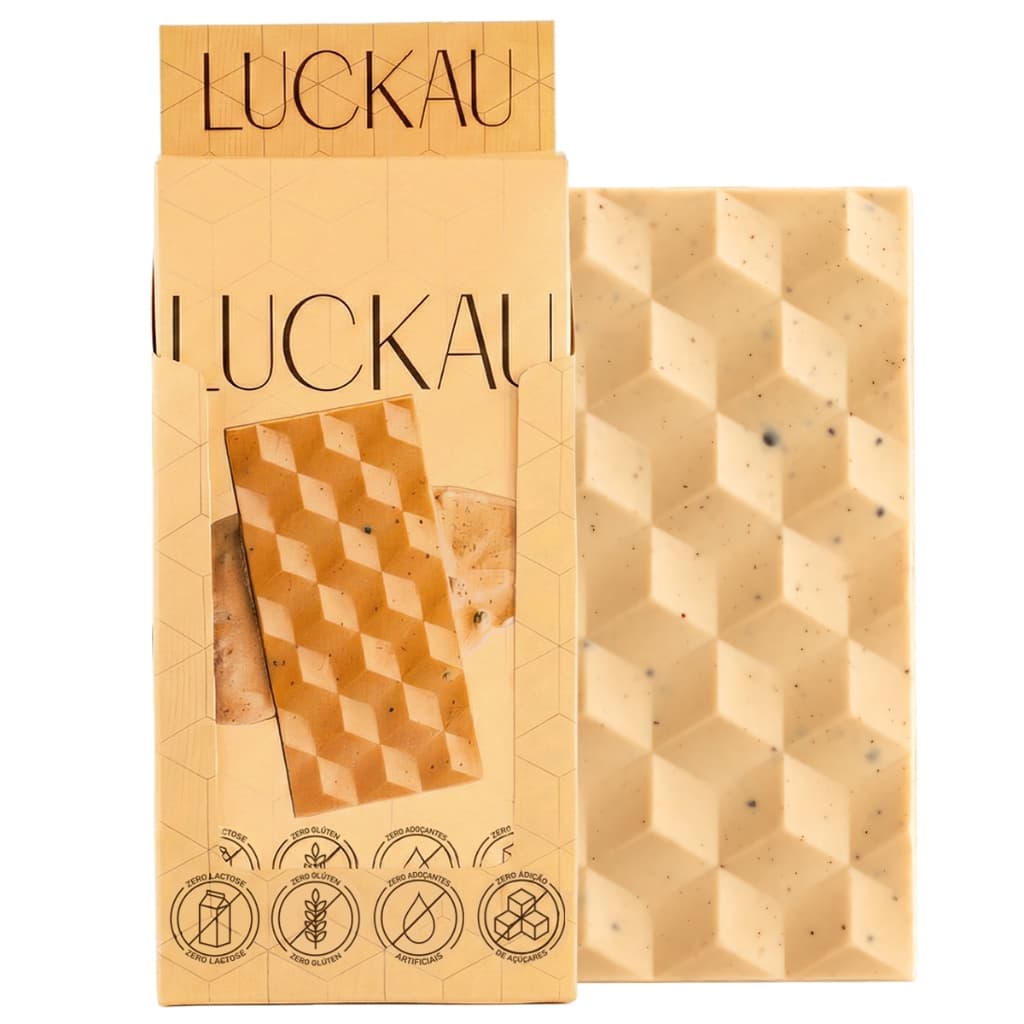 06 Barras de Chocolate Branco Com Pedaços de Cookies Sem Açúcar Display Luckau 450g Saudável