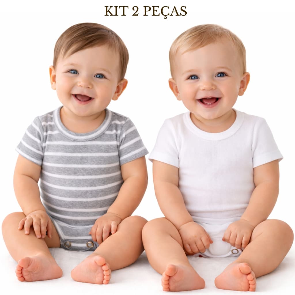 Kit 2 Peças Body Bebê Manga Curta Ribana Canelada Liso Listrado Menino Menina Unissex Enxoval