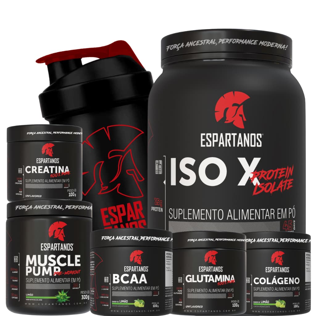 Kit Whey Protein ISO X 1800g + Creatina 100g + BCAA + Glutamina 100g + Colágeno +  Pré Treino + Shaker - Espartanos